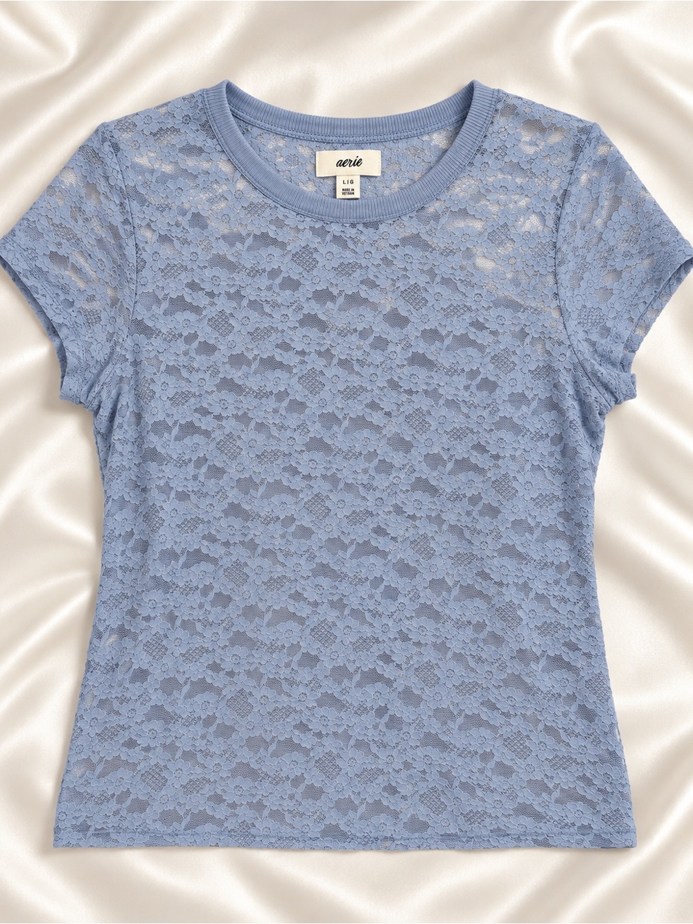 Aerie Light Blue Floral Lace Sheer Short Sleeve Tee Women’s L
